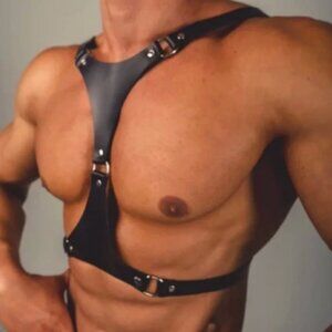 NEW! Men's Cross Back Buff Body Vegan Leather Chest Belt Harness Black Hot